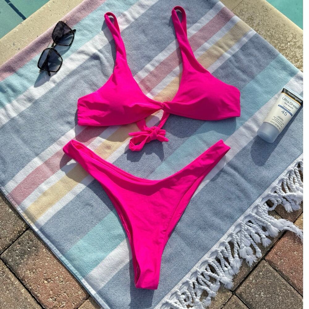 NWOT, Brand Unknown, Hot Pink Bikini Set, Tie Front Top & High Cut Bottom Sz XL